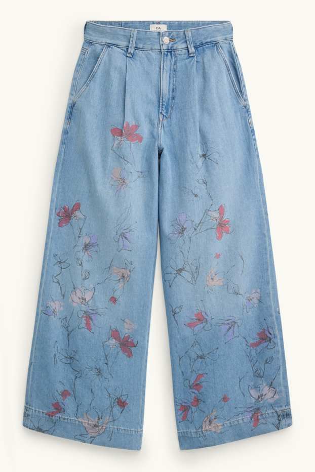 Damen - Wide Leg Jeans - Mid Waist - geblümt - jeansblau