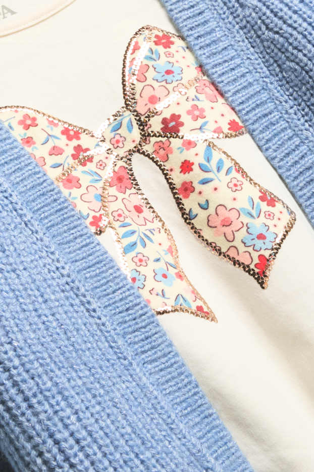 Enfants filles - Nœud - ensemble - gilet en maille et haut à manches longues - 2 pièces - bleu  / crème