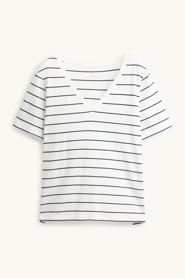 Damen - T-Shirt mit V-Ausschnitt - Regular Fit - gestreift - weiß / schwarz