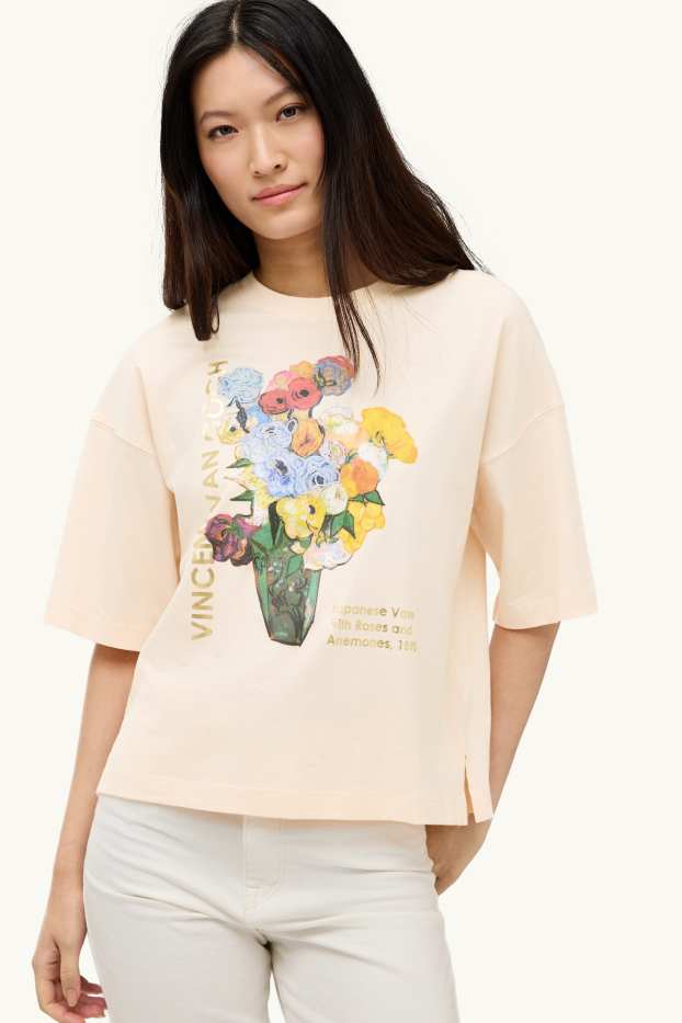 Damen - T-Shirt - Oversized - Glanz-Effekt - Vincent van Gogh - apricot