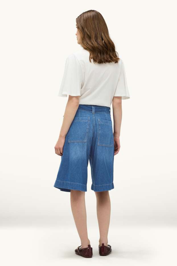 Femei - Pantaloni scurți de blugi cu curea - talie înaltă - denim-albastru