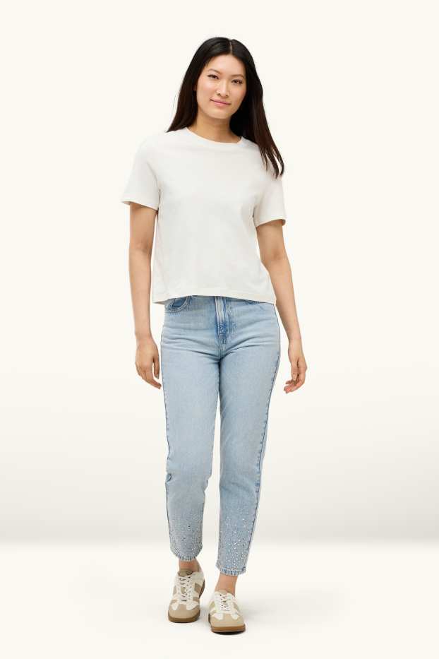 Damen - Mom Jeans mit Strasssteinen - High Waist - hellblau