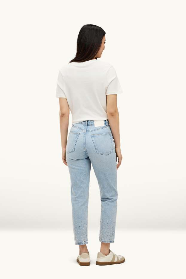 Damen - Mom Jeans mit Strasssteinen - High Waist - hellblau