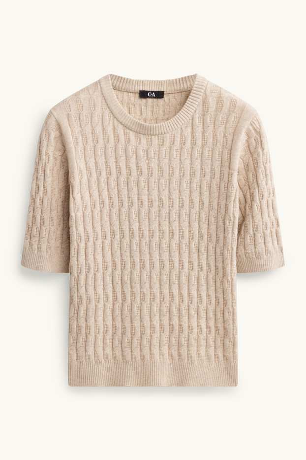 Damen - Strickpullover - kurzarm - Zopfmuster - beige