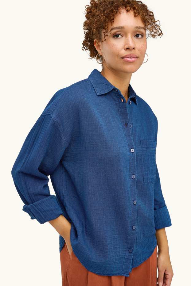 Dames - Blouse van mousseline - jeansdonkerblauw