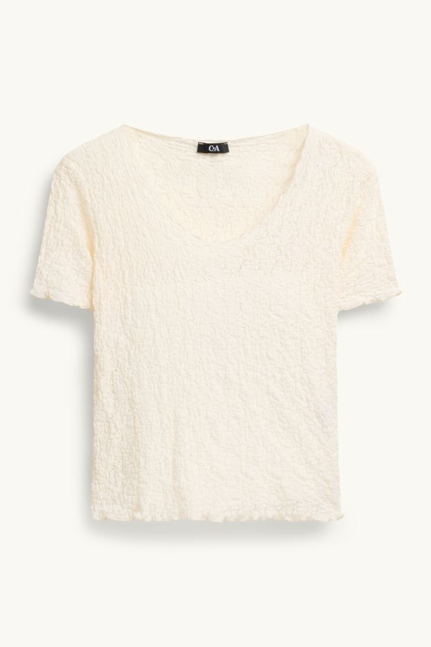 Dames - T-shirt - regular fit - met structuur - crèmekleurig