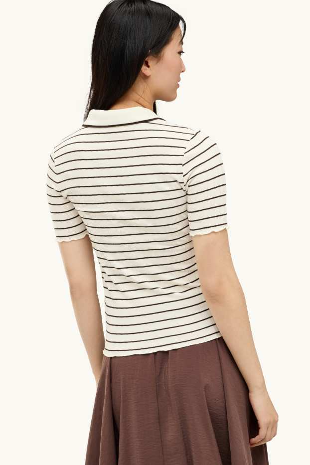 Donna - Polo - regular fit - a coste - a righe - marrone / bianco crema