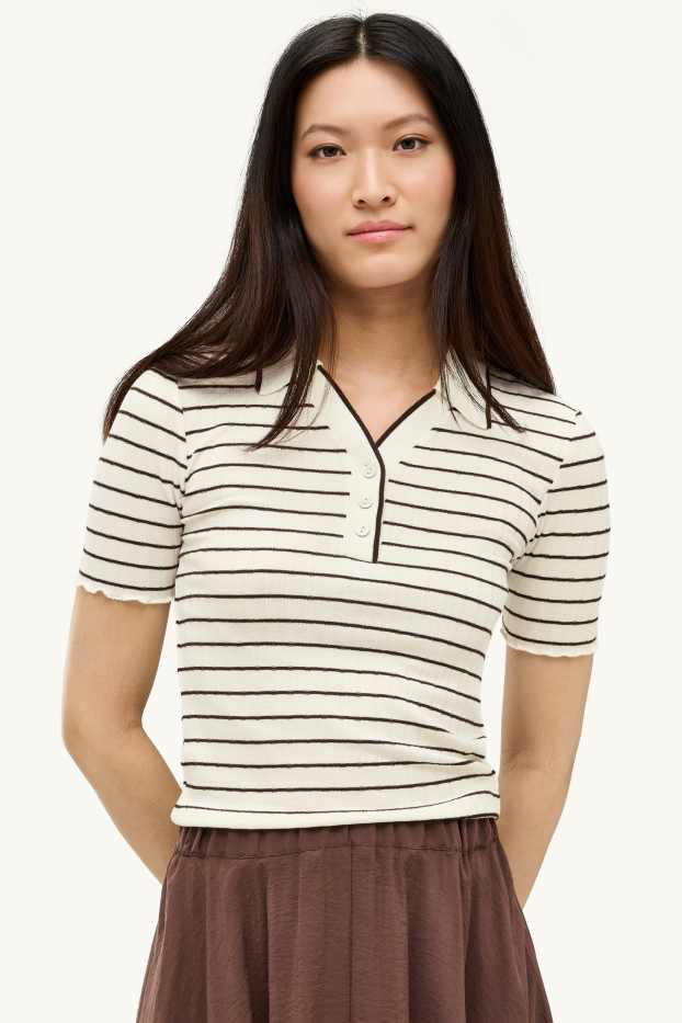 Donna - Polo - regular fit - a coste - a righe - marrone / bianco crema