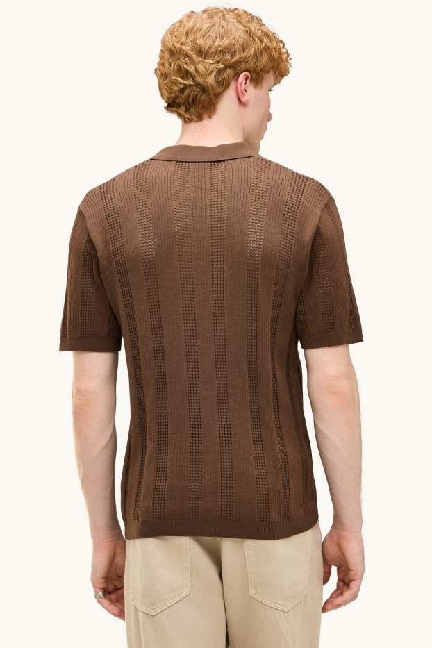 Heren - Gebreid poloshirt - relaxed fit - geribd - gestreept - bruin