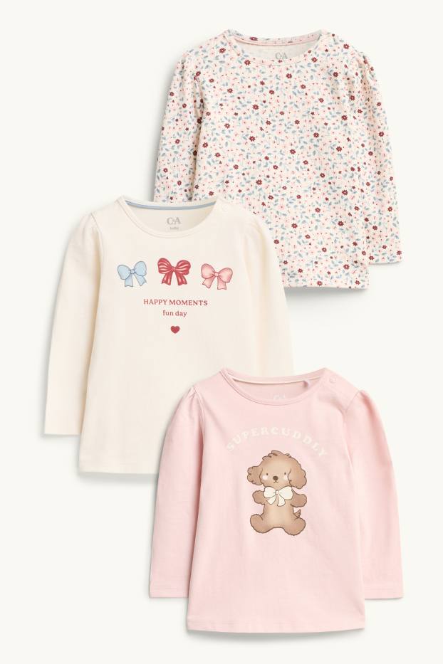 Baby: meisjes - Set van 3 - bloemetjes en hondje - babylongsleeve - roze