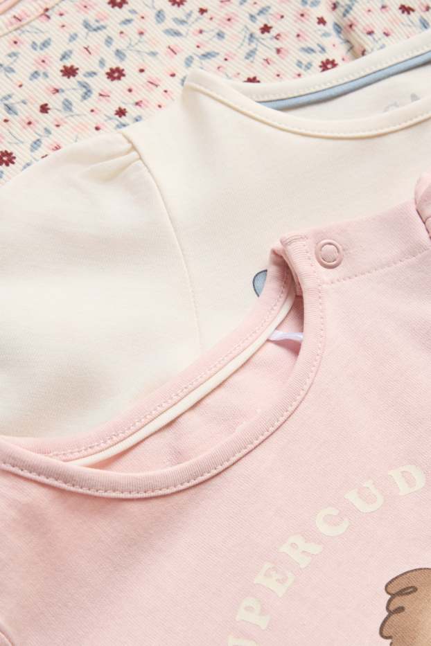 Baby: meisjes - Set van 3 - bloemetjes en hondje - babylongsleeve - roze