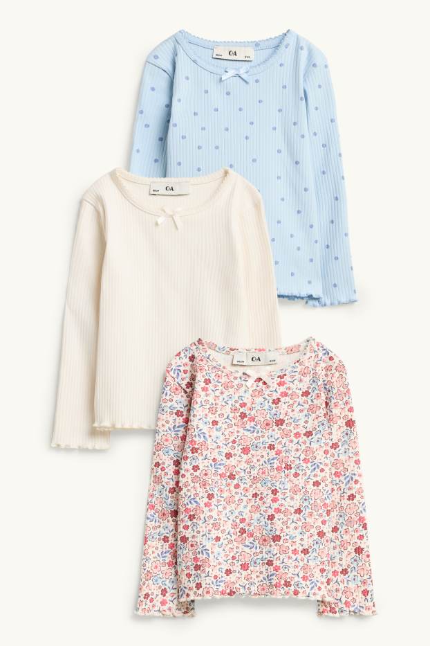 Copii - Fete - Multipack 3 buc. - floare - tricou cu mânecă lungă - reiat - albastru