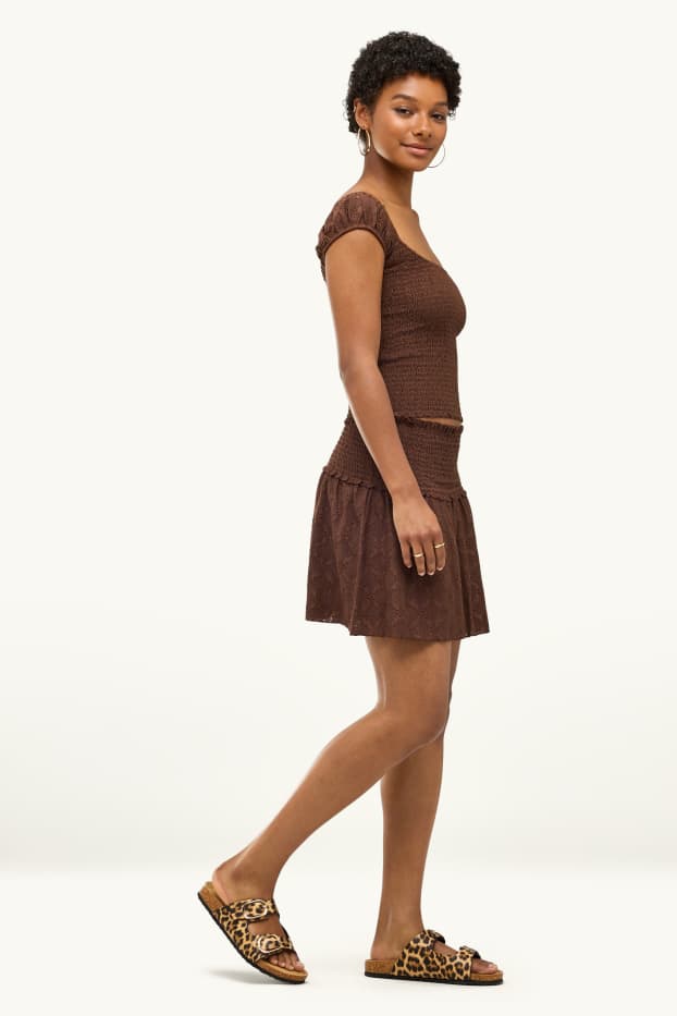 Damen - Rock - Broderie Anglaise - dunkelbraun
