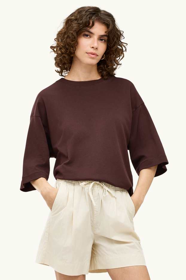Damen - Strickpullover - kurzarm - dunkelbraun