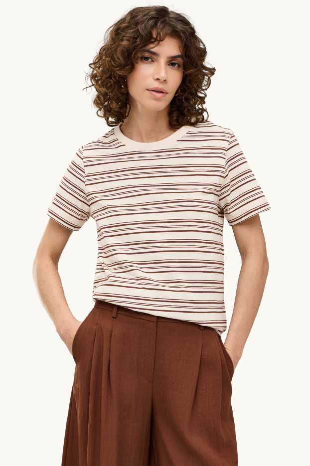 Dámské - Tričko - regular fit - pruhované - béžová/hnědá