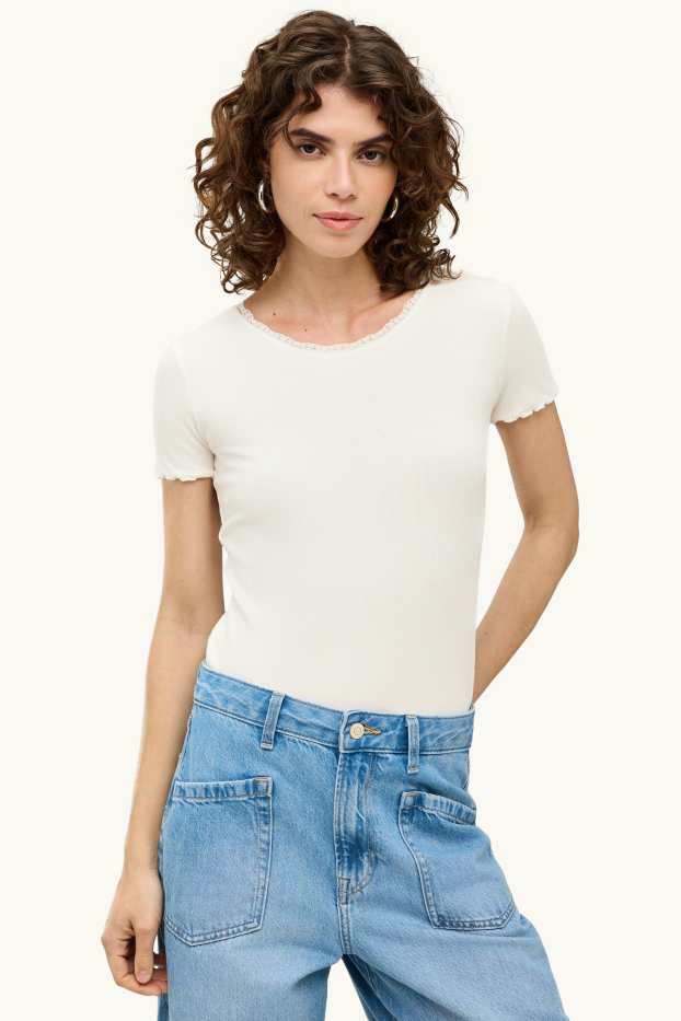 Dames - T-shirt - relaxed fit - ribstof - wit