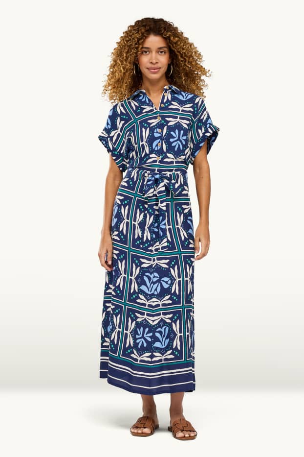 Dona - Vestit camiser de viscosa - amb motiu - blau fosc