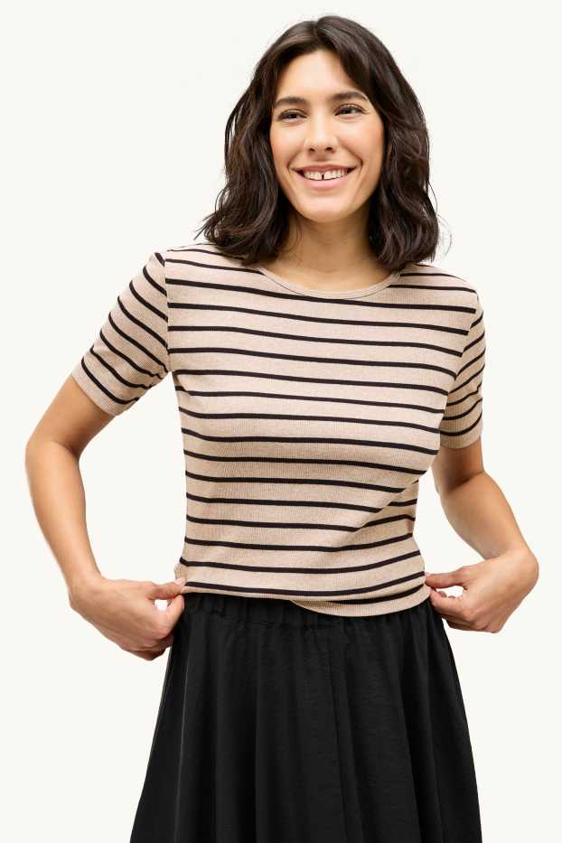 Femmes - T-shirt d’- slim fit - finition côtelée - à rayures - marron