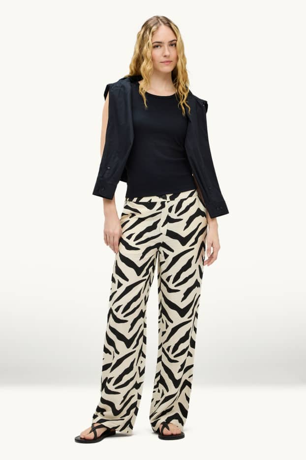 Damen - Stoffhose - High Waist - Wide Leg - gemustert - weiss / schwarz