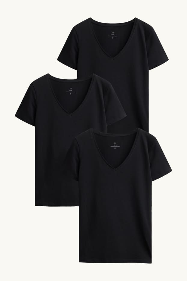 Femei - Multipack 3 buc. - tricou cu decolteu în V - slim fit - negru