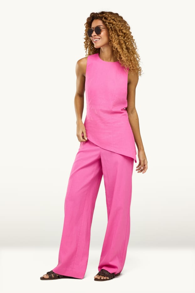 Damen - Stoffhose - High Waist - Wide Leg - Leinen-Mix - pink