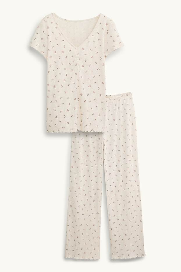 Women - Pointelle pyjamas - floral - creme
