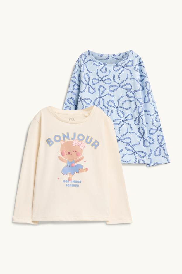Bambine - Confezione da 2 - gatto e fiocco - maglia a maniche lunghe - effetto brillante - blu / crema