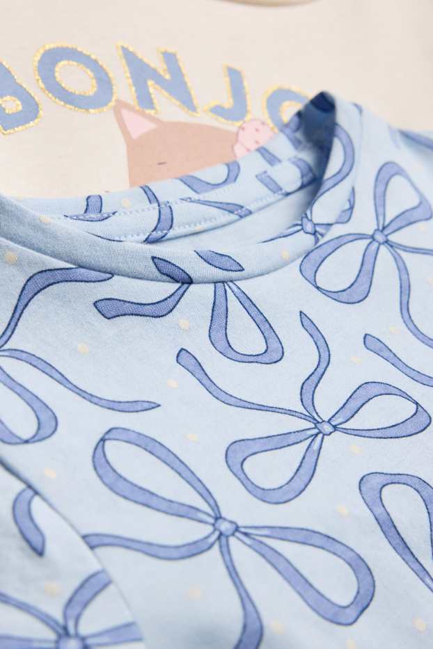 Bambine - Confezione da 2 - gatto e fiocco - maglia a maniche lunghe - effetto brillante - blu / crema