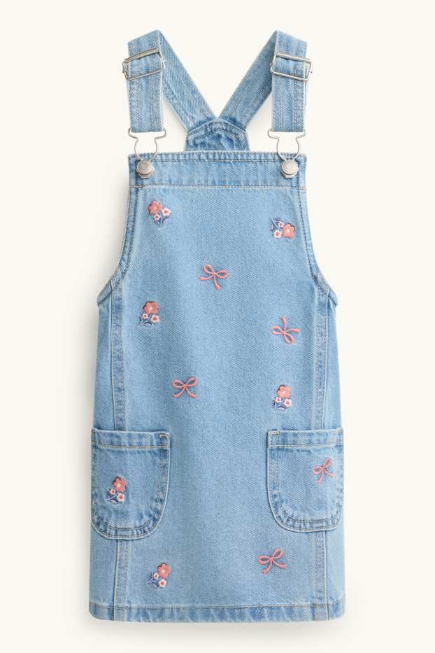 Kinderen: meisjes - Strik en bloem - set - longsleeve en denim overgooier - 2 delig - jeansblauw