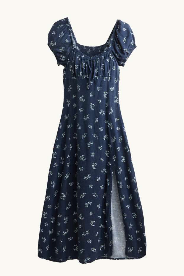 Femmes - Robe à fente - à fleurs - smockée - bleu foncé