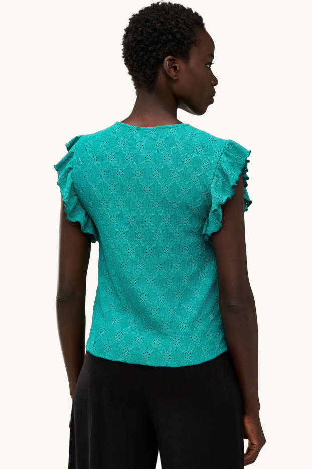 Damen - T-Shirt - Regular Fit - Broderie Anglaise - türkis