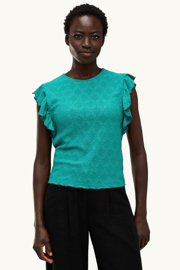 Damen - T-Shirt - Regular Fit - Broderie Anglaise - türkis