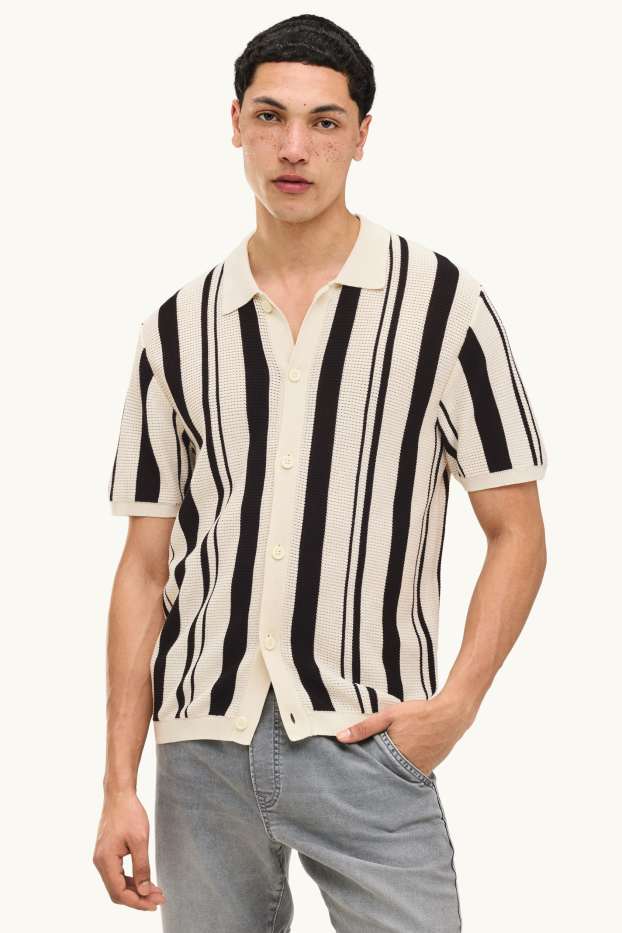 Herren - Strick-Hemd - Relaxed Fit - Kent - gestreift - schwarz / beige