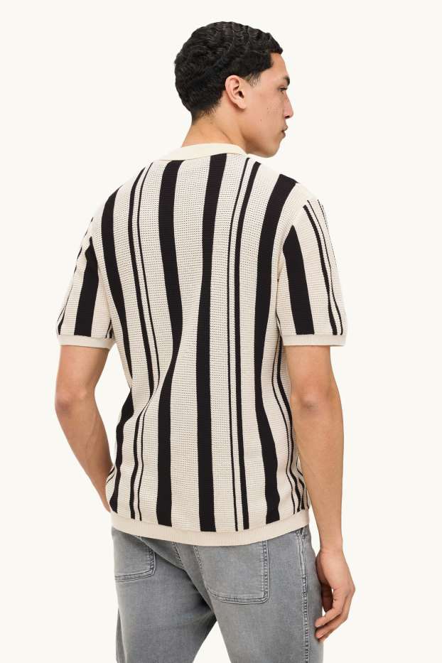 Herren - Strick-Hemd - Relaxed Fit - Kent - gestreift - schwarz / beige