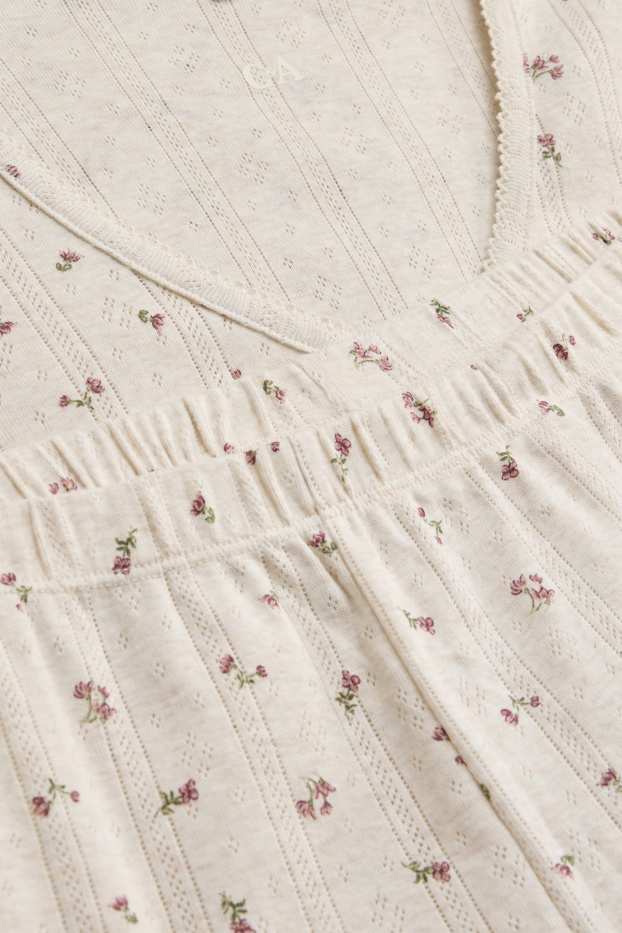 Dames - Pointelle shortama - gebloemd - crèmekleurig