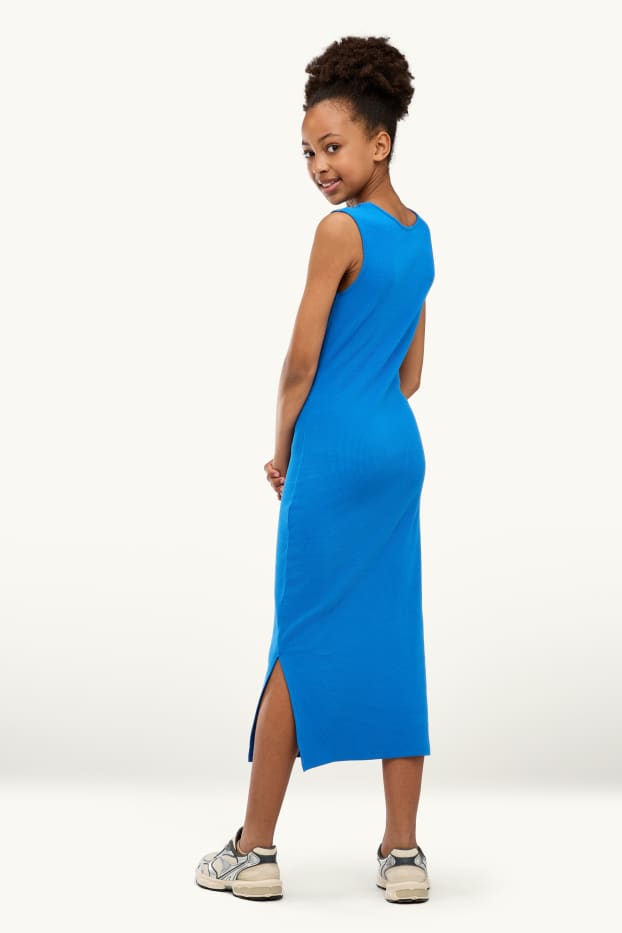 Enfants filles - Robe - finition côtelée - bleu