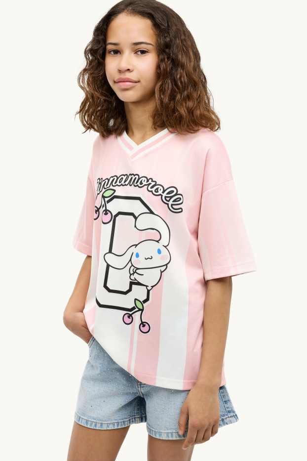 Children Girls - Cinnamoroll - short sleeve T-shirt - striped - white / rose
