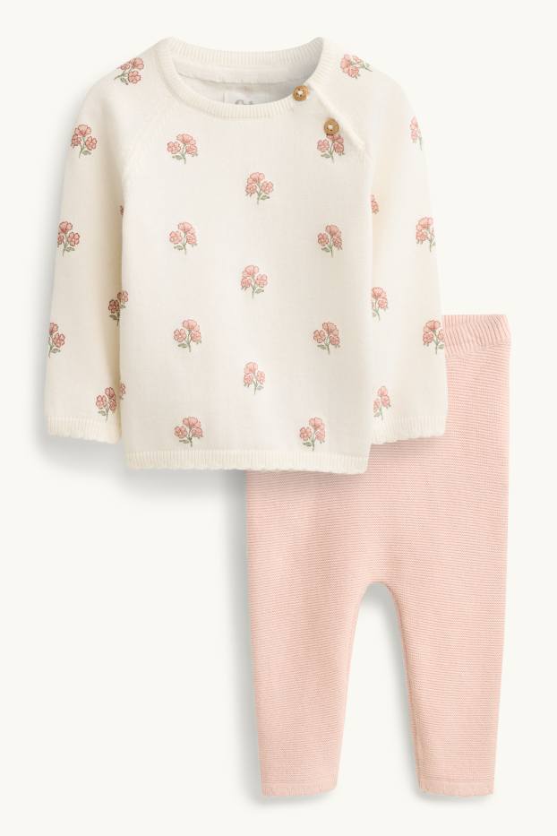 Baby Mädchen - Blümchen - Baby-Outfit - 2 teilig - weiß / rosa