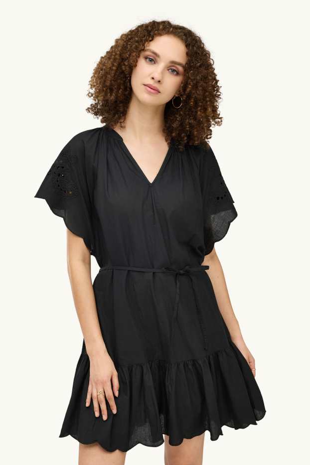 Damen - A-Linien Kleid mit V-Ausschnitt - Broderie Anglaise - schwarz