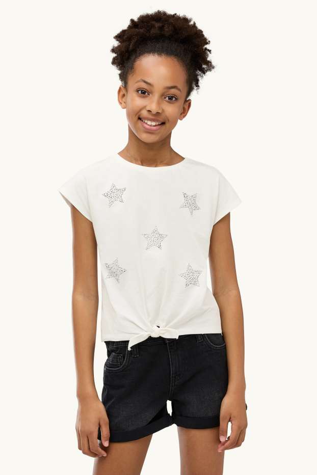 Kinder Mädchen - Stern - Kurzarmshirt mit Strasssteinen - weiss