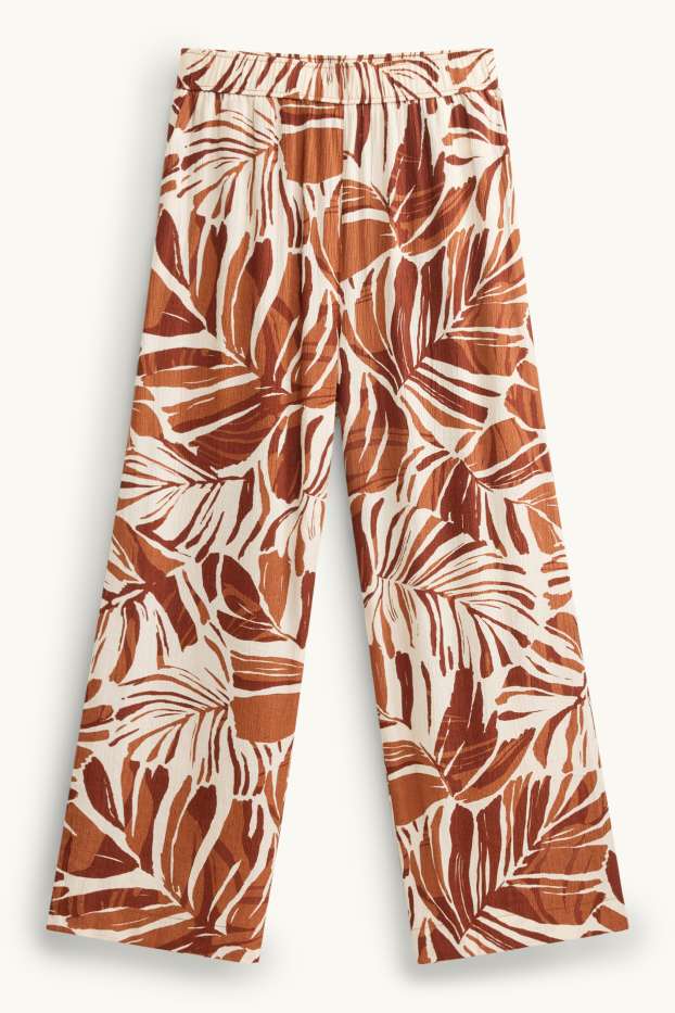 Femei - Pantaloni de stofă - talie înaltă - palazzo - cu model - maro / alb-crem
