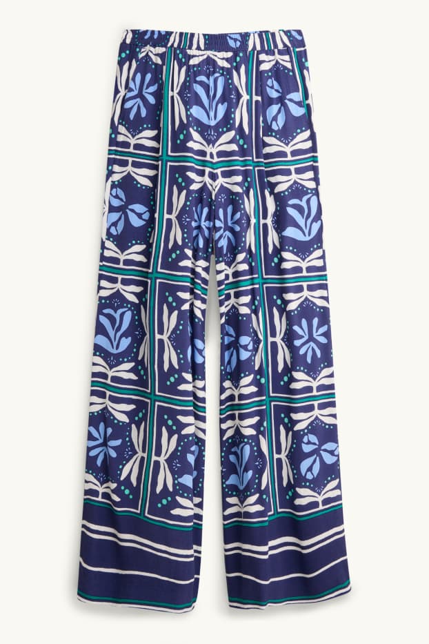 Femei - Pantaloni de stofă - talie înaltă - wide leg - cu model - albastru închis