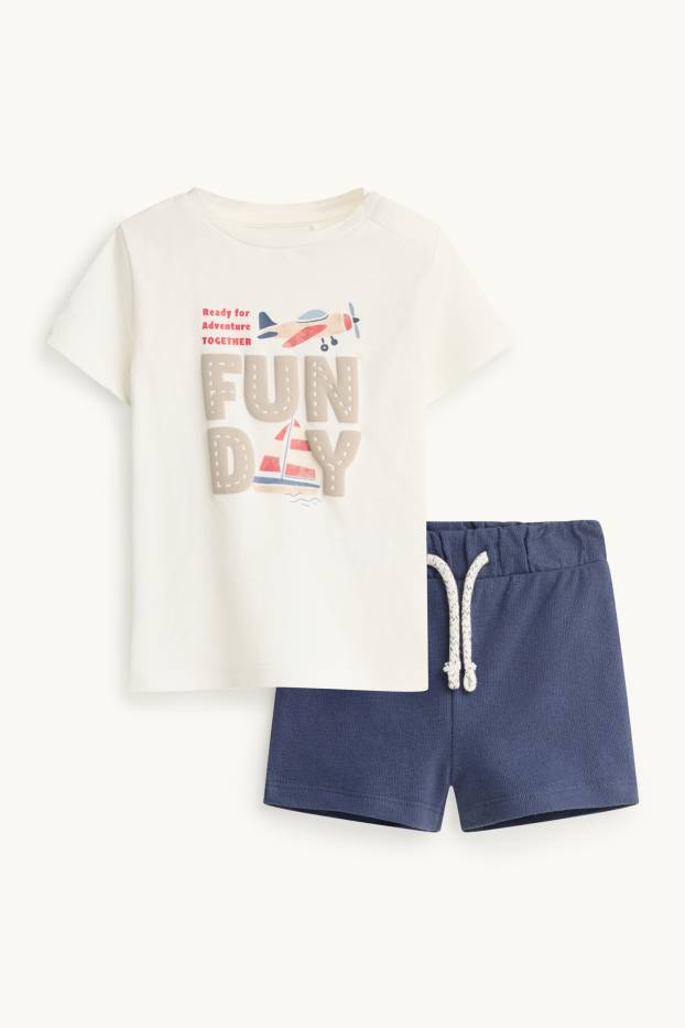 Baby: jongens - Vliegtuig en boot - babyoutfit - 2-delig - wit / blauw