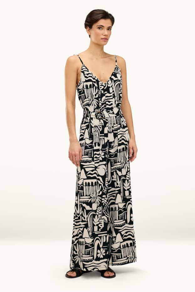 Damen - Jumpsuit mit V-Ausschnitt und Gürtel - gemustert - schwarz / weiss