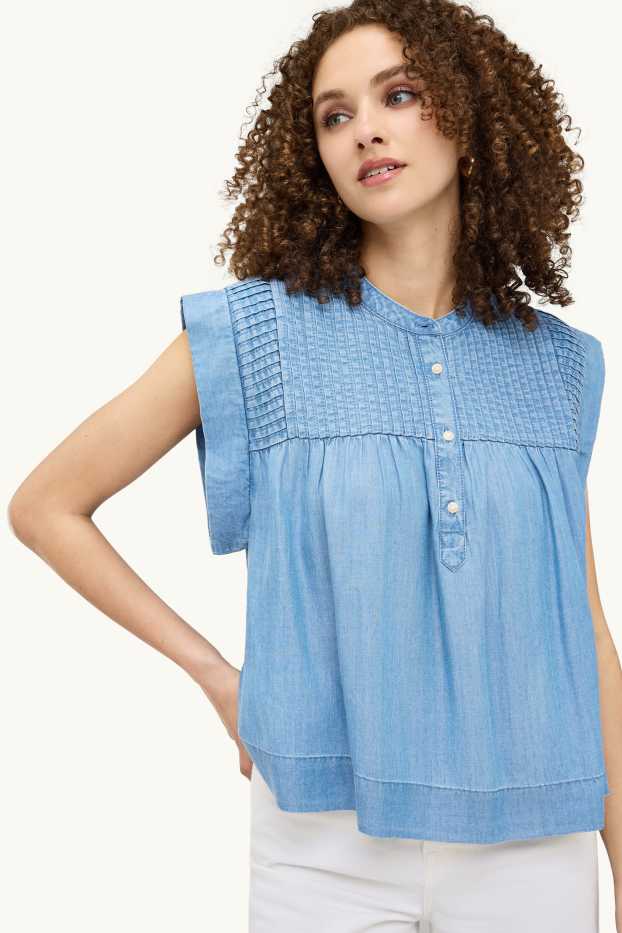 Dames - Blouse - denim look - jeanslichtblauw