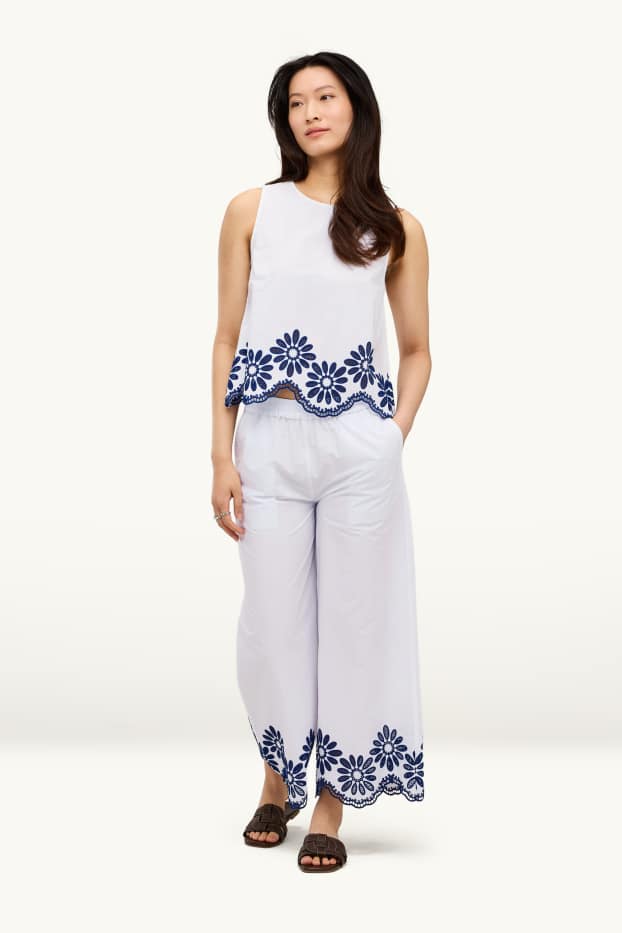 Dames - Pantalon - mid waist - wide leg - broderie Anglaise - wit / blauw