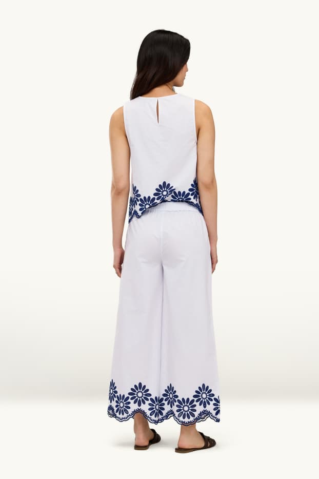 Dames - Pantalon - mid waist - wide leg - broderie Anglaise - wit / blauw