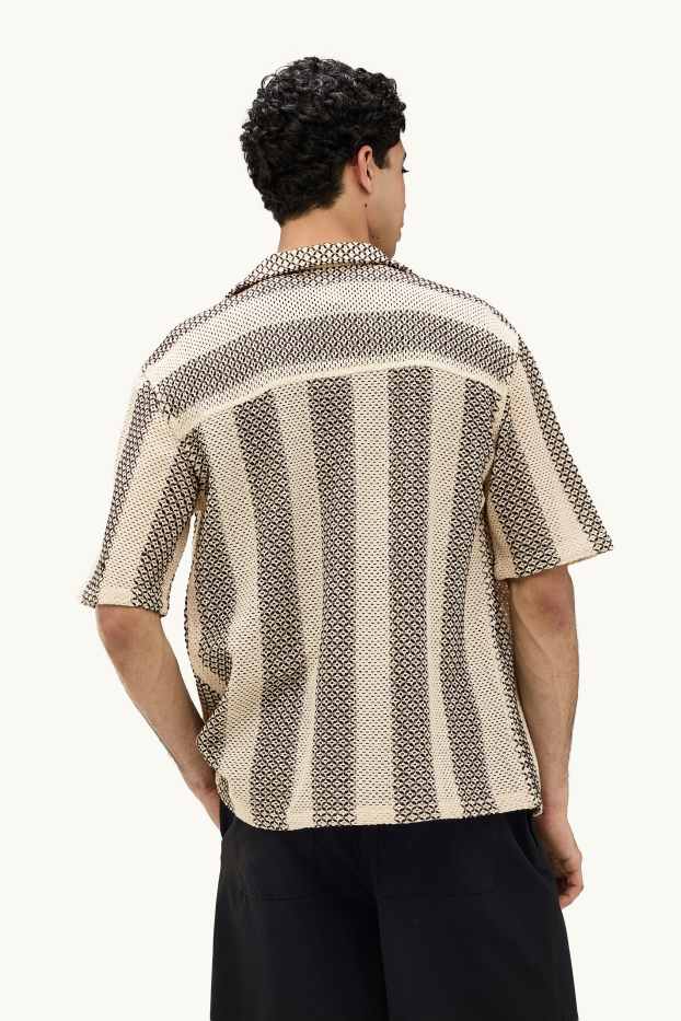 Hommes - Chemise - relaxed fit - col à revers - à rayures - finition texturée - noir / beige