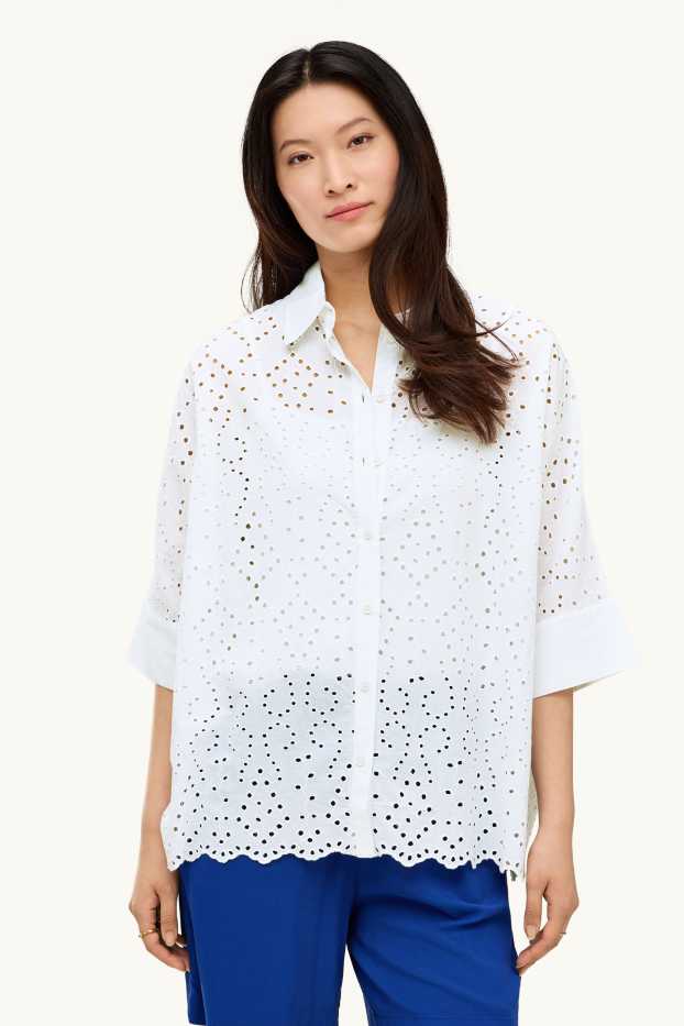 Damen - Bluse - Broderie Anglaise - weiß