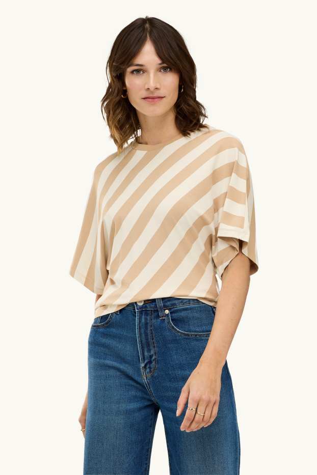 Damen - T-Shirt - Regular Fit - gestreift - hellbraun